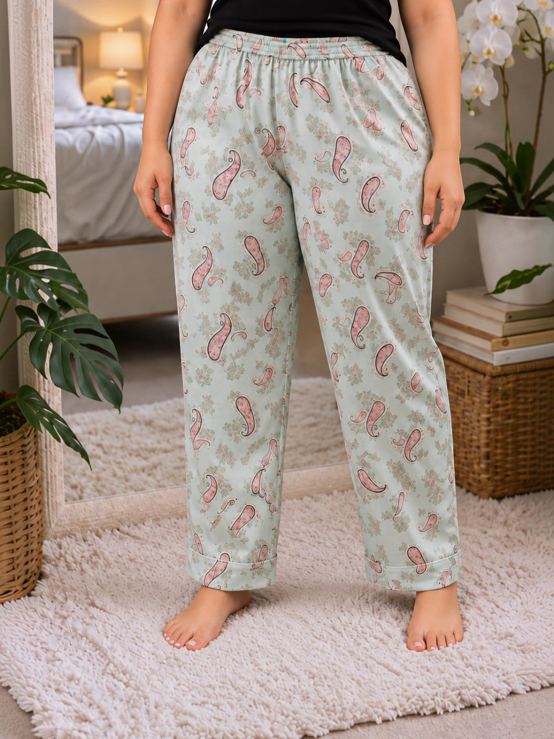 Women Plus Size Light Green Floral Print Elasticated Nightwear Pajama