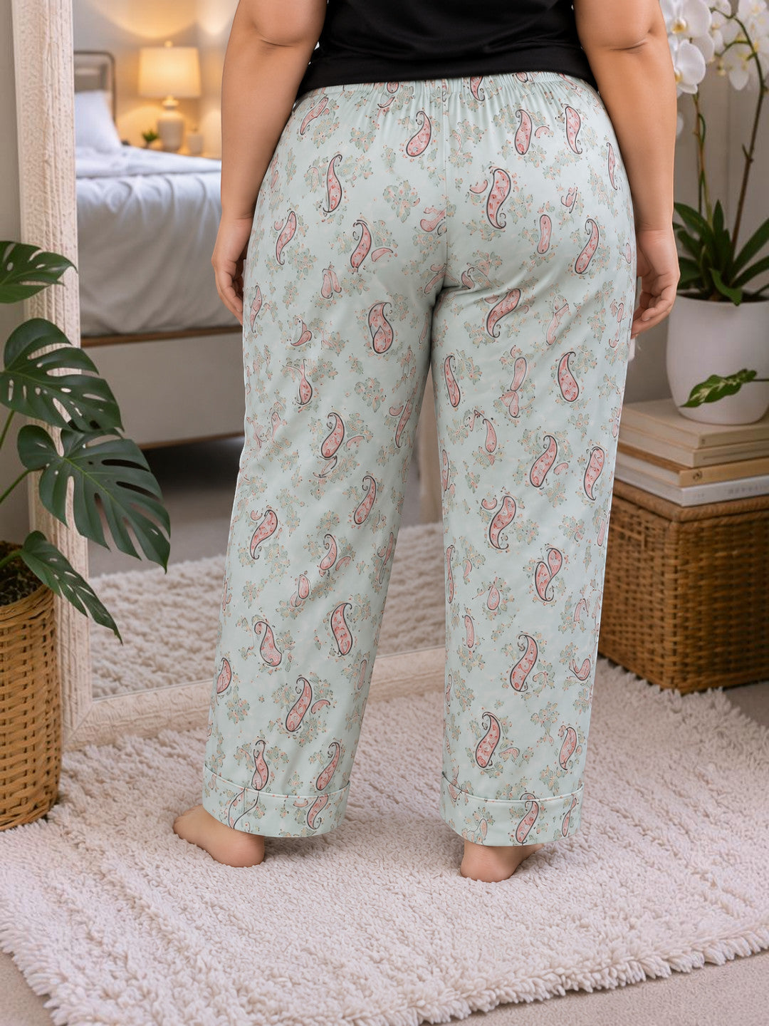 Women Plus Size Light Green Floral Print Elasticated Nightwear Pajama