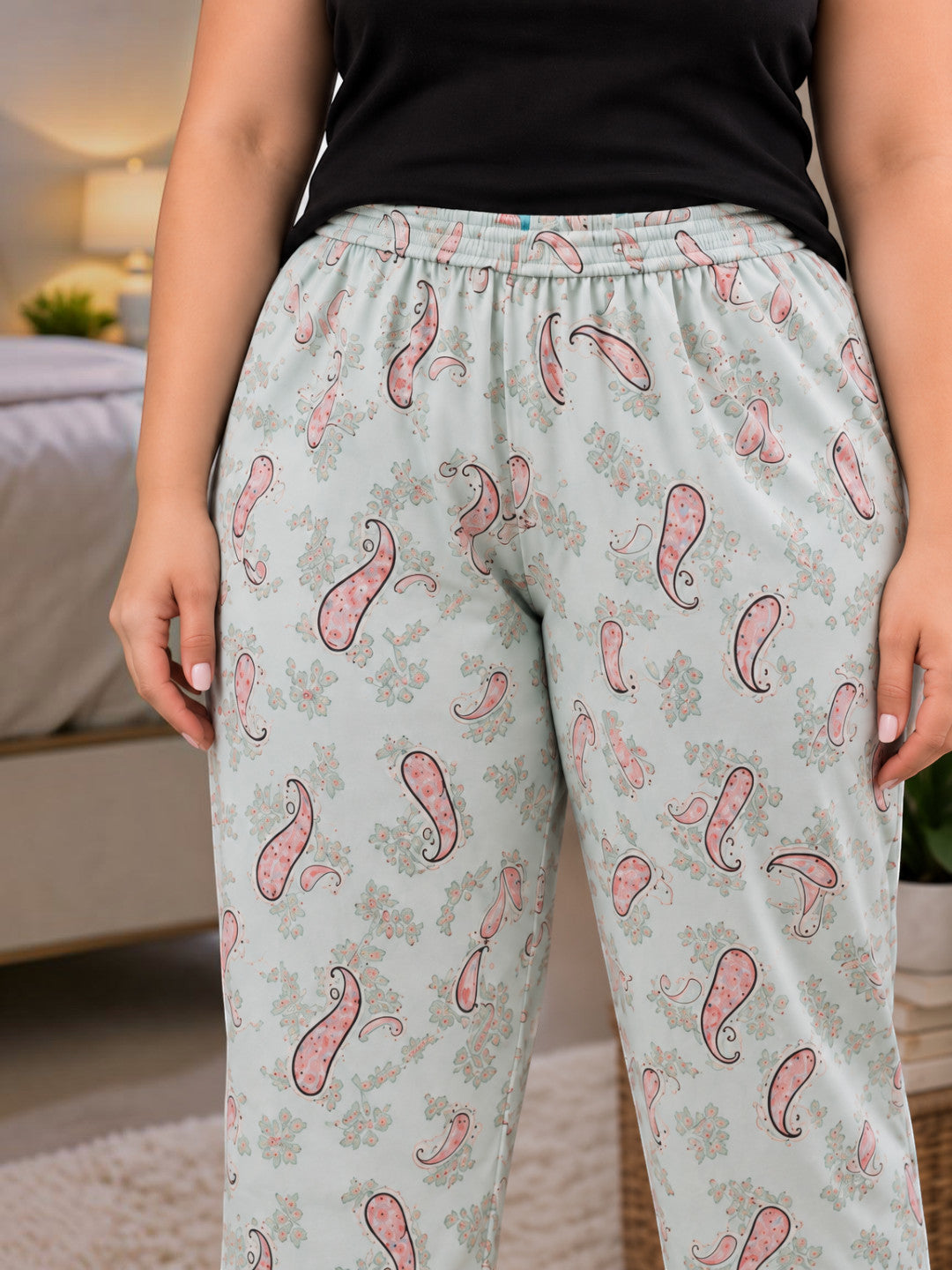 Women Plus Size Light Green Floral Print Elasticated Nightwear Pajama