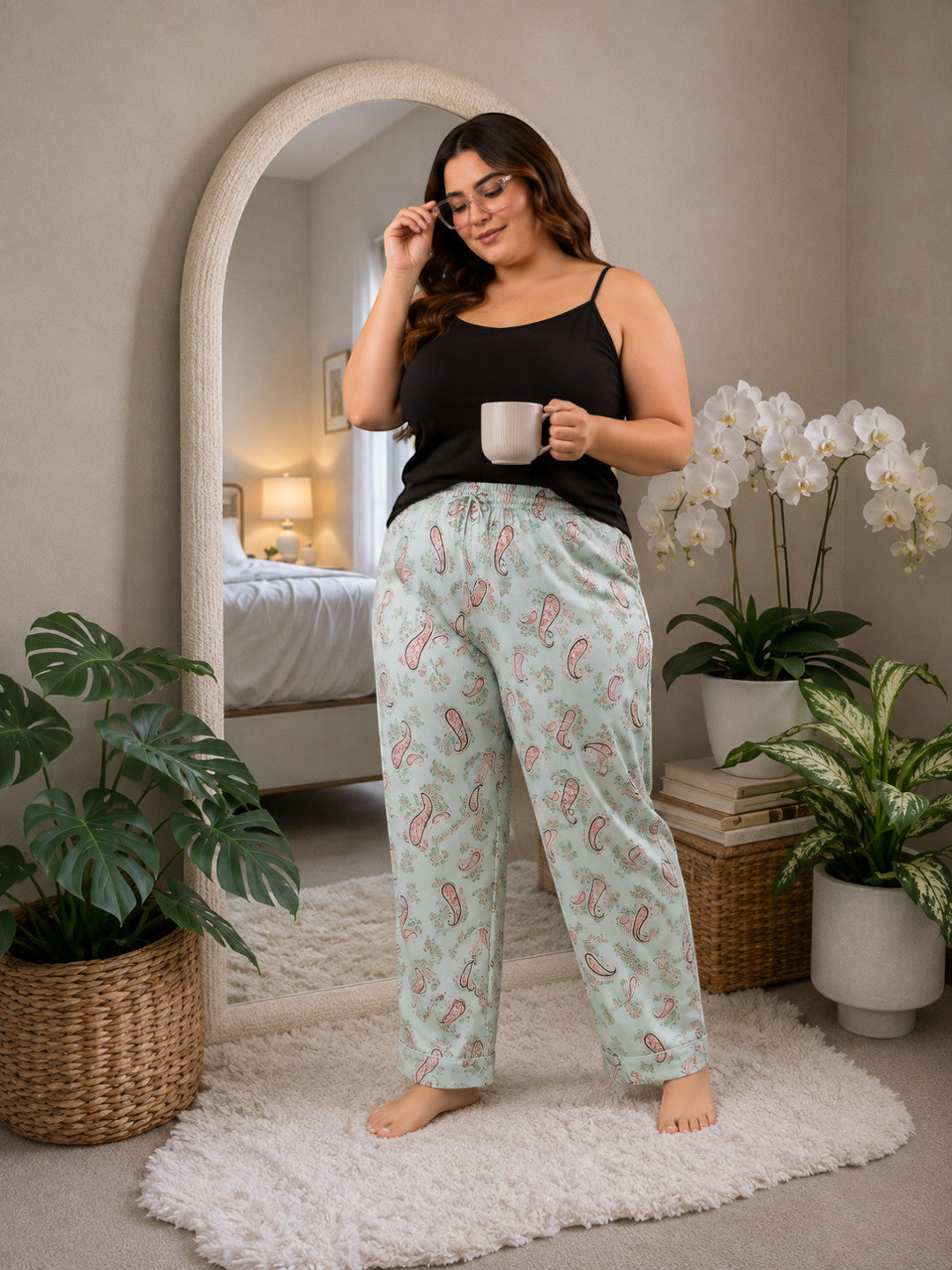 Women Plus Size Light Green Floral Print Elasticated Nightwear Pajama