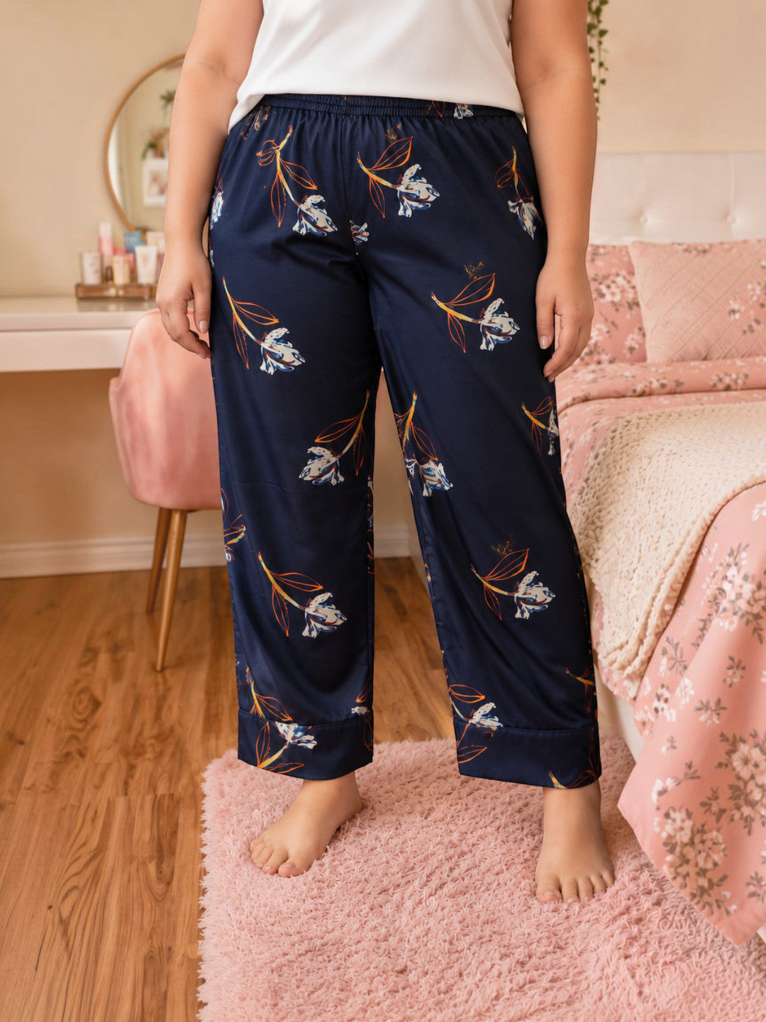 Women Plus Size Navy Blue Floral Print Elasticated Nightwear Pajama