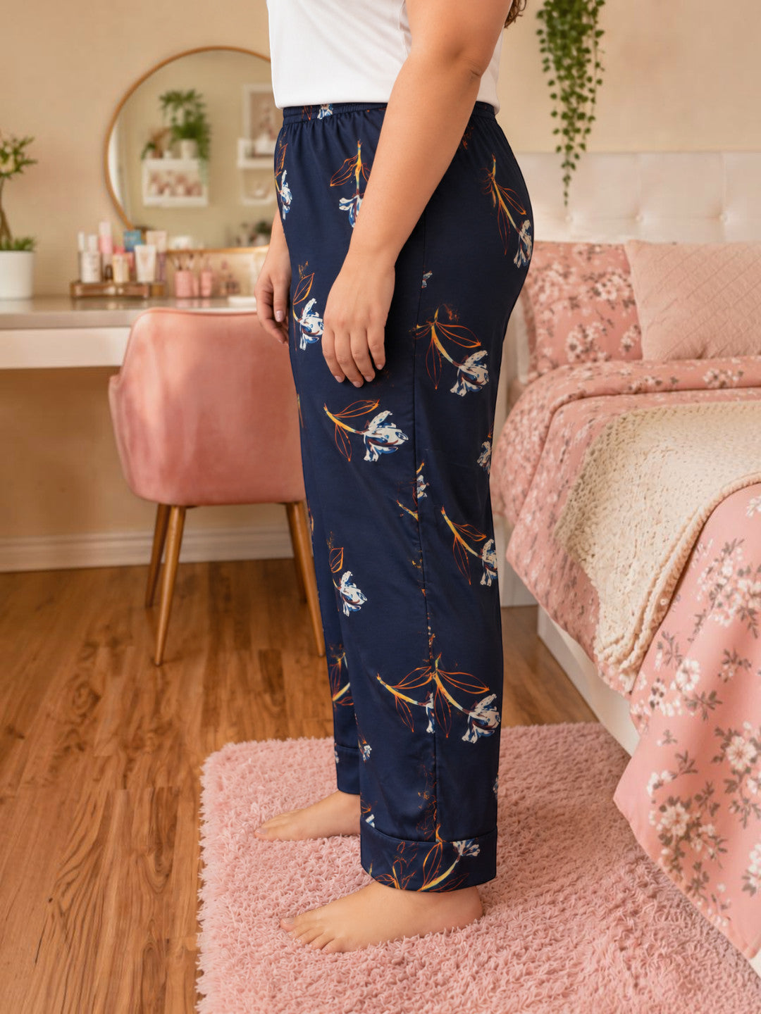 Women Plus Size Navy Blue Floral Print Elasticated Nightwear Pajama
