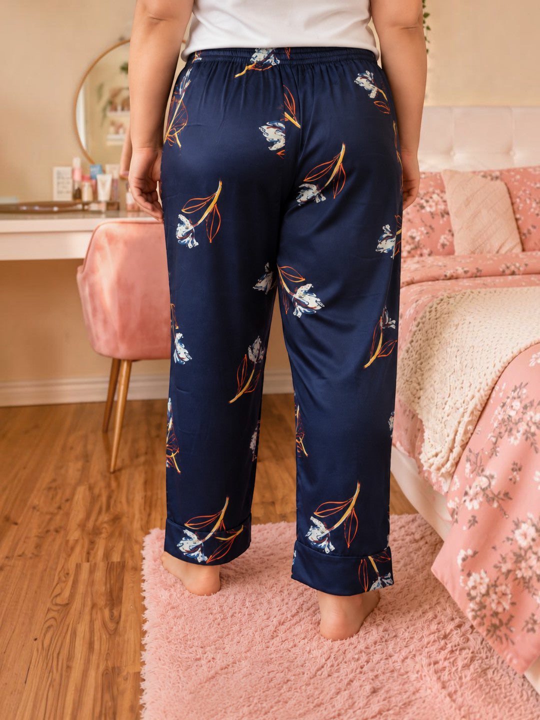 Women Plus Size Navy Blue Floral Print Elasticated Nightwear Pajama