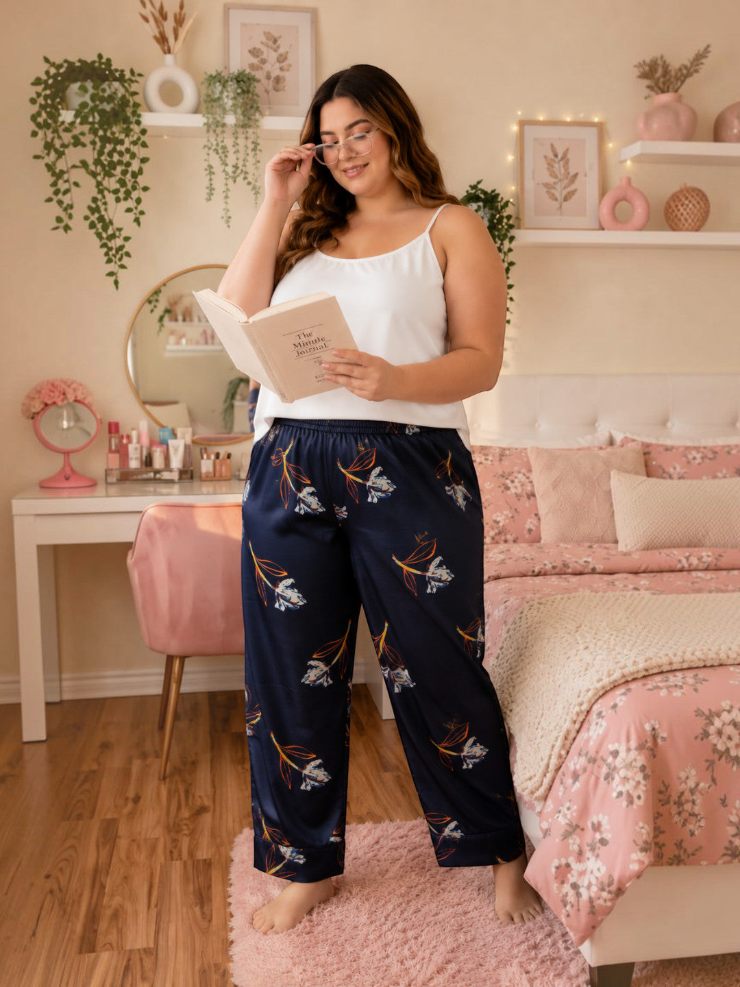 Women Plus Size Navy Blue Floral Print Elasticated Nightwear Pajama