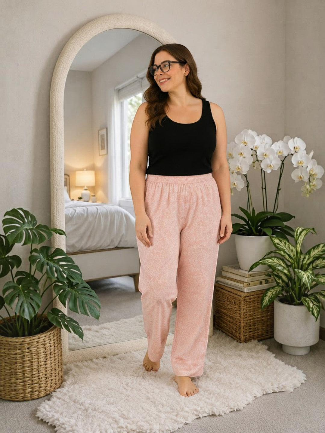 Women Plus Size Light Pink Floral Cotton Nightwear Pajama Oxolloxo