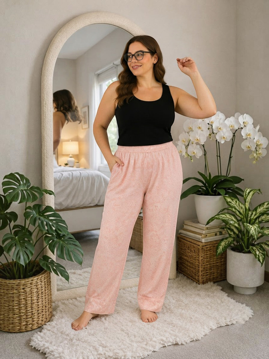 Women Plus Size Light Pink Floral Cotton Nightwear Pajama Oxolloxo