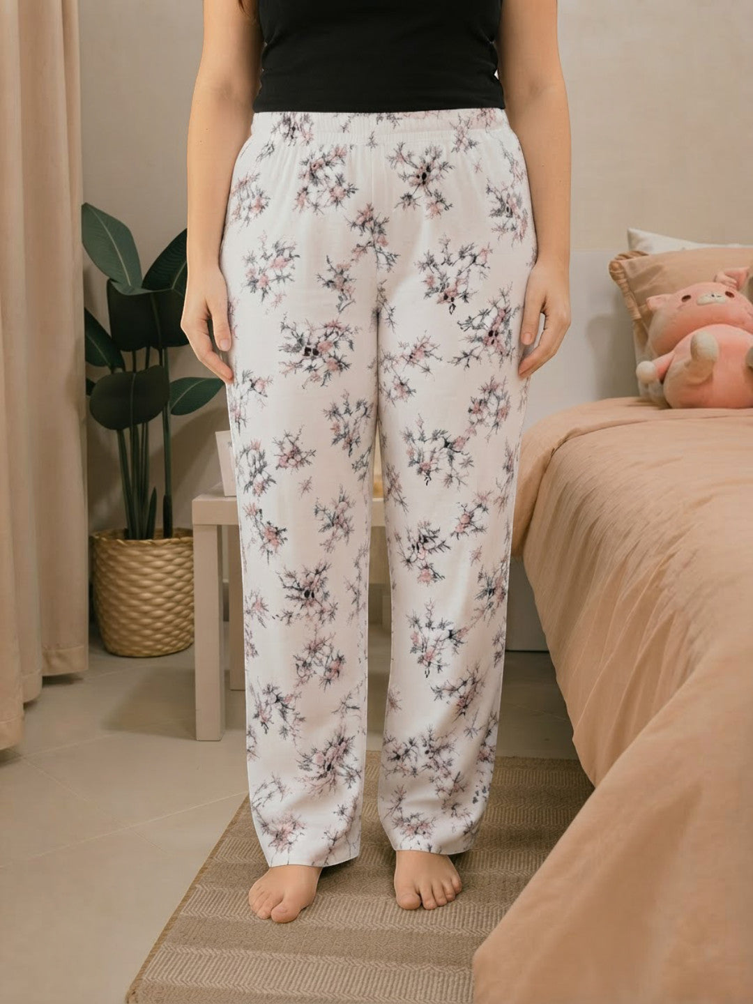 Women Plus Size White Floral Cotton Nightwear Pajama Oxolloxo