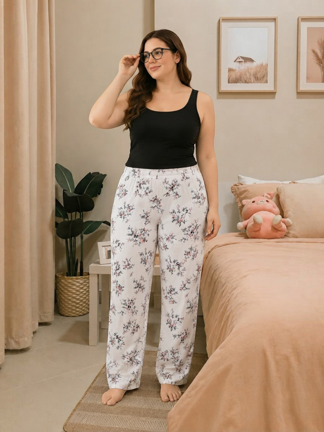 Women Plus Size White Floral Cotton Nightwear Pajama Oxolloxo