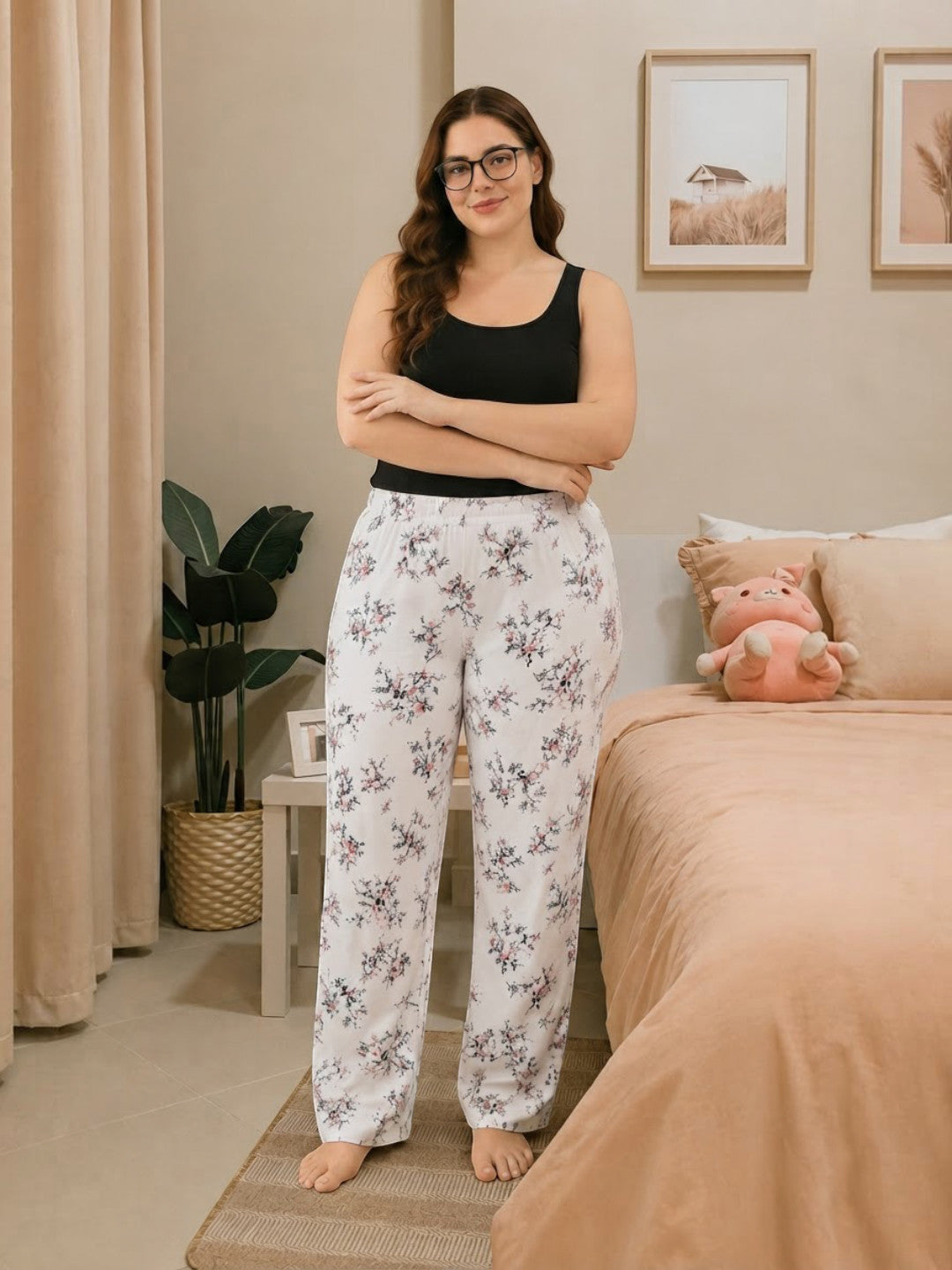 Women Plus Size White Floral Cotton Nightwear Pajama Oxolloxo