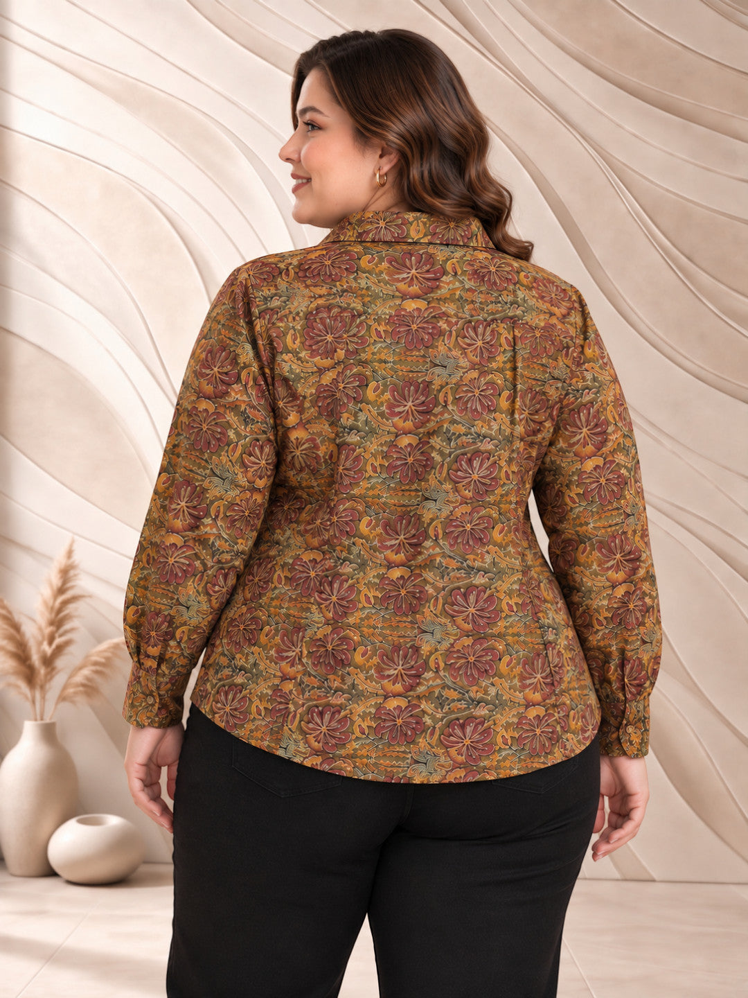 Women Plus Size Multicolor Floral Print Collared Long Sleeve Button-Down Cotton Shirt