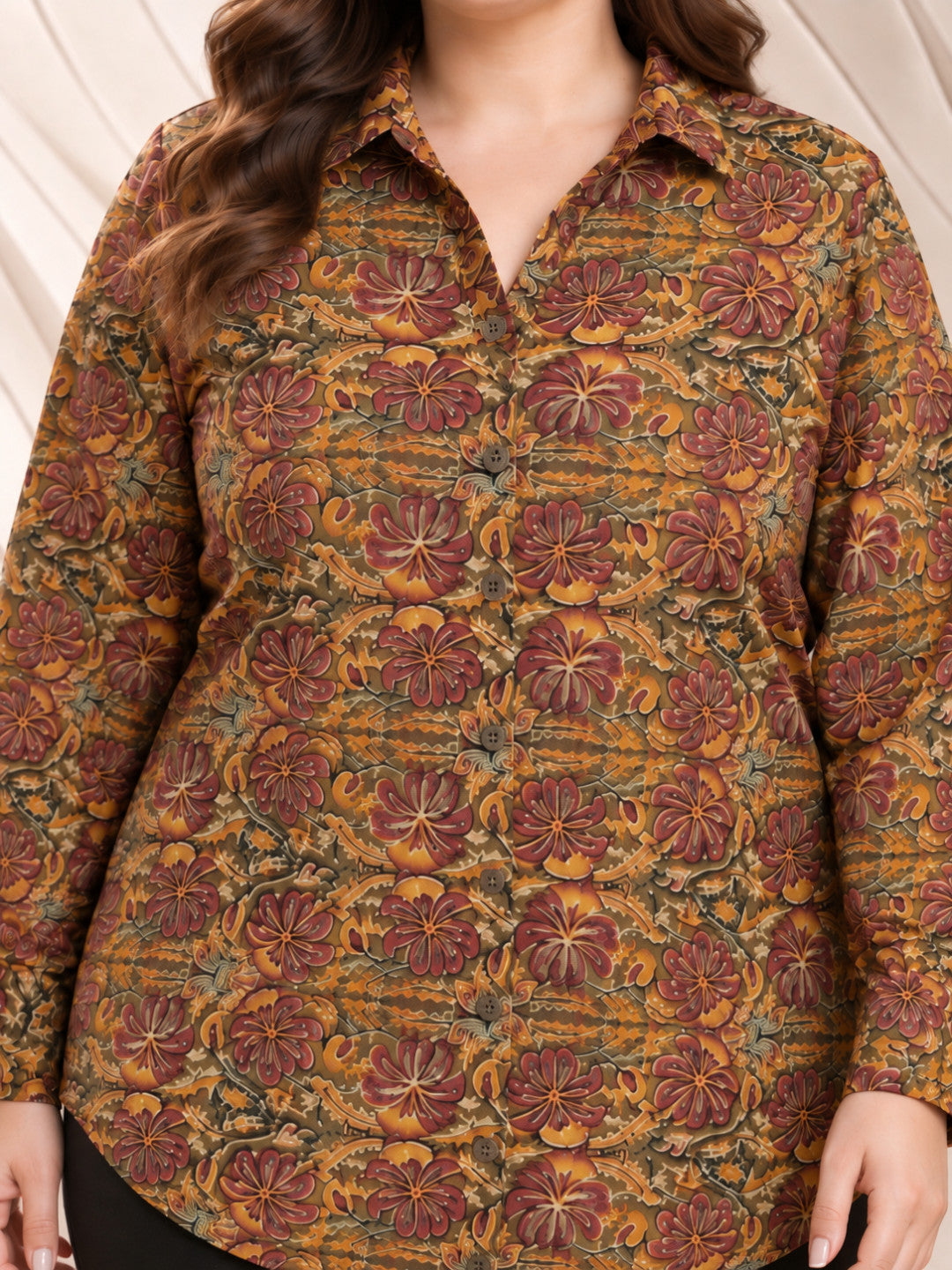 Women Plus Size Multicolor Floral Print Collared Long Sleeve Button-Down Cotton Shirt