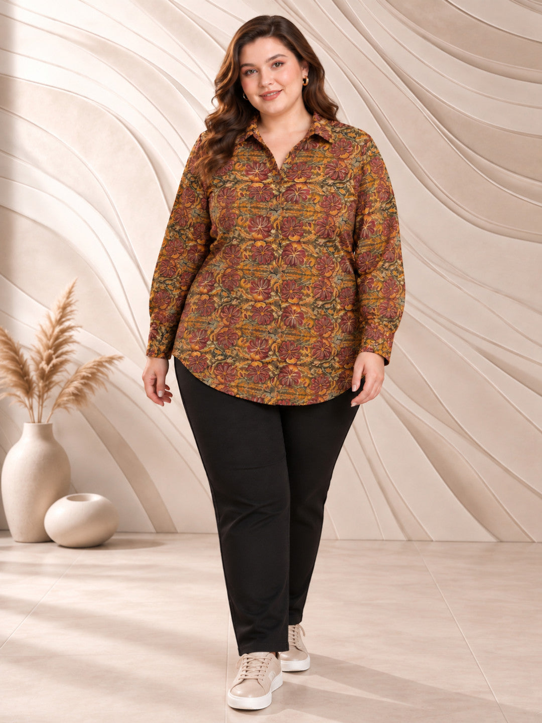 Women Plus Size Multicolor Floral Print Collared Long Sleeve Button-Down Cotton Shirt