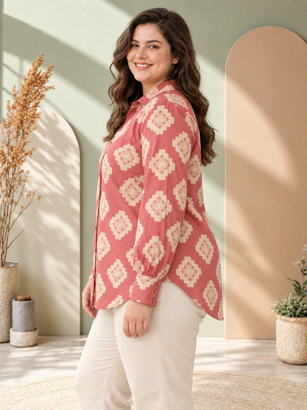 Women Plus Size Pink Geometric Medallion Print Collared Button-Down Cotton Shirt