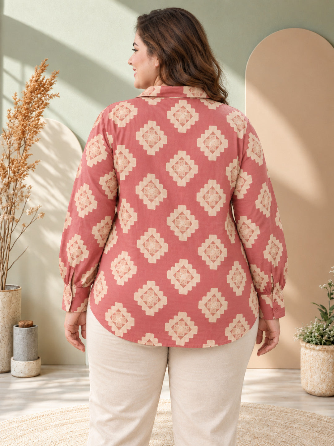 Women Plus Size Pink Geometric Medallion Print Collared Button-Down Cotton Shirt