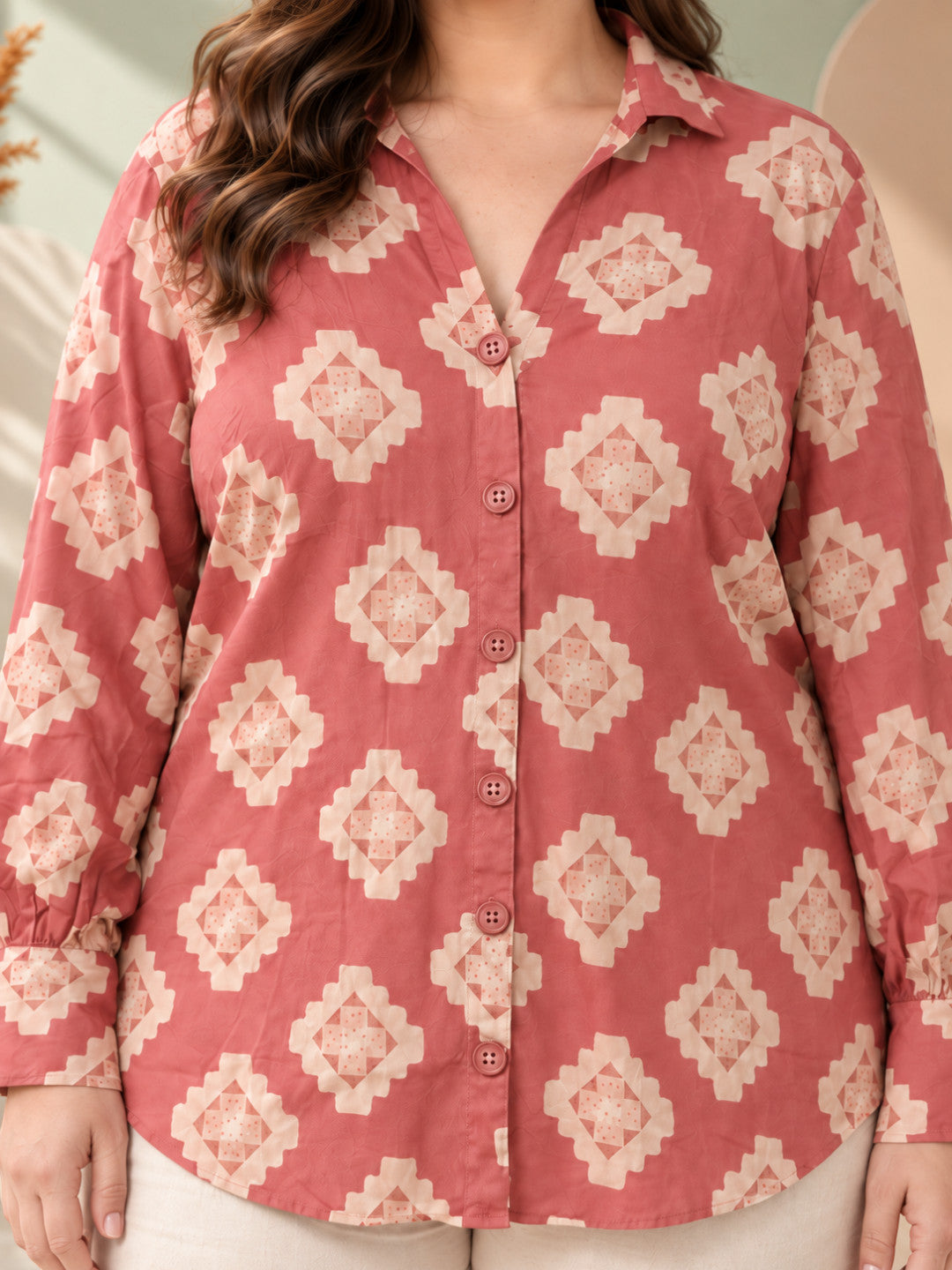 Women Plus Size Pink Geometric Medallion Print Collared Button-Down Cotton Shirt