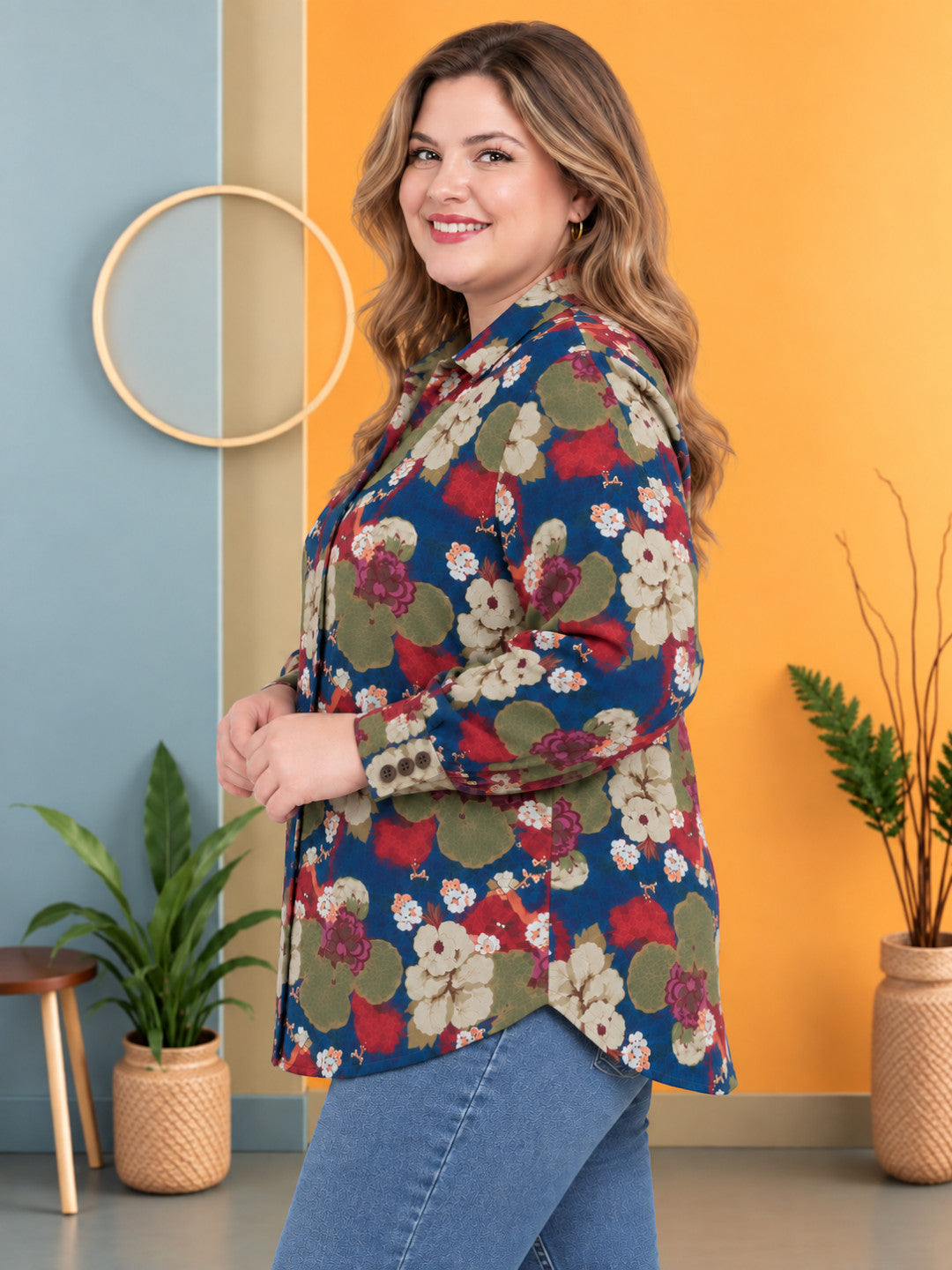 Women Plus Size Multicolor Geometric Floral Print Collared Long Sleeve Button-Down Cotton Shirt
