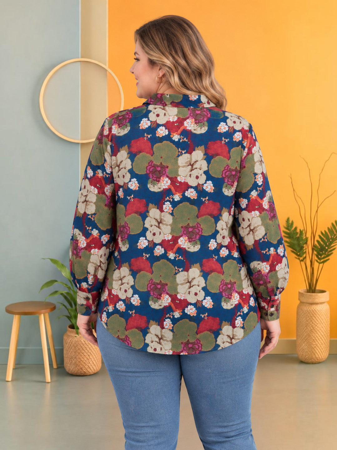 Women Plus Size Multicolor Geometric Floral Print Collared Long Sleeve Button-Down Cotton Shirt