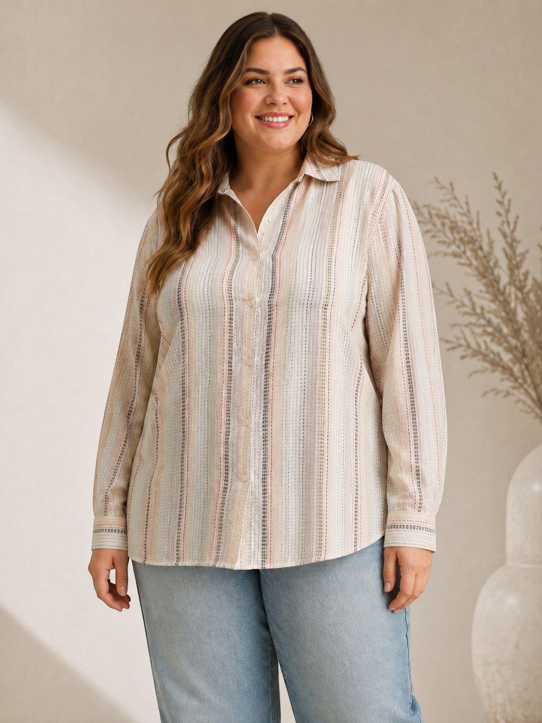 Women Plus Size White Stripe Print Collared Long Sleeve Button-Down Cotton Dobby Shirt