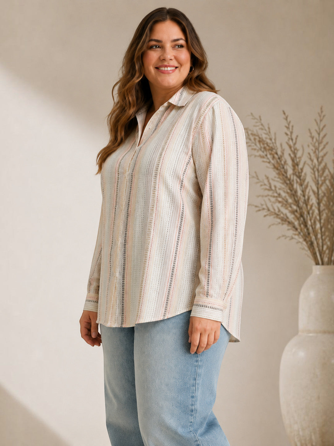 Women Plus Size White Stripe Print Collared Long Sleeve Button-Down Cotton Dobby Shirt