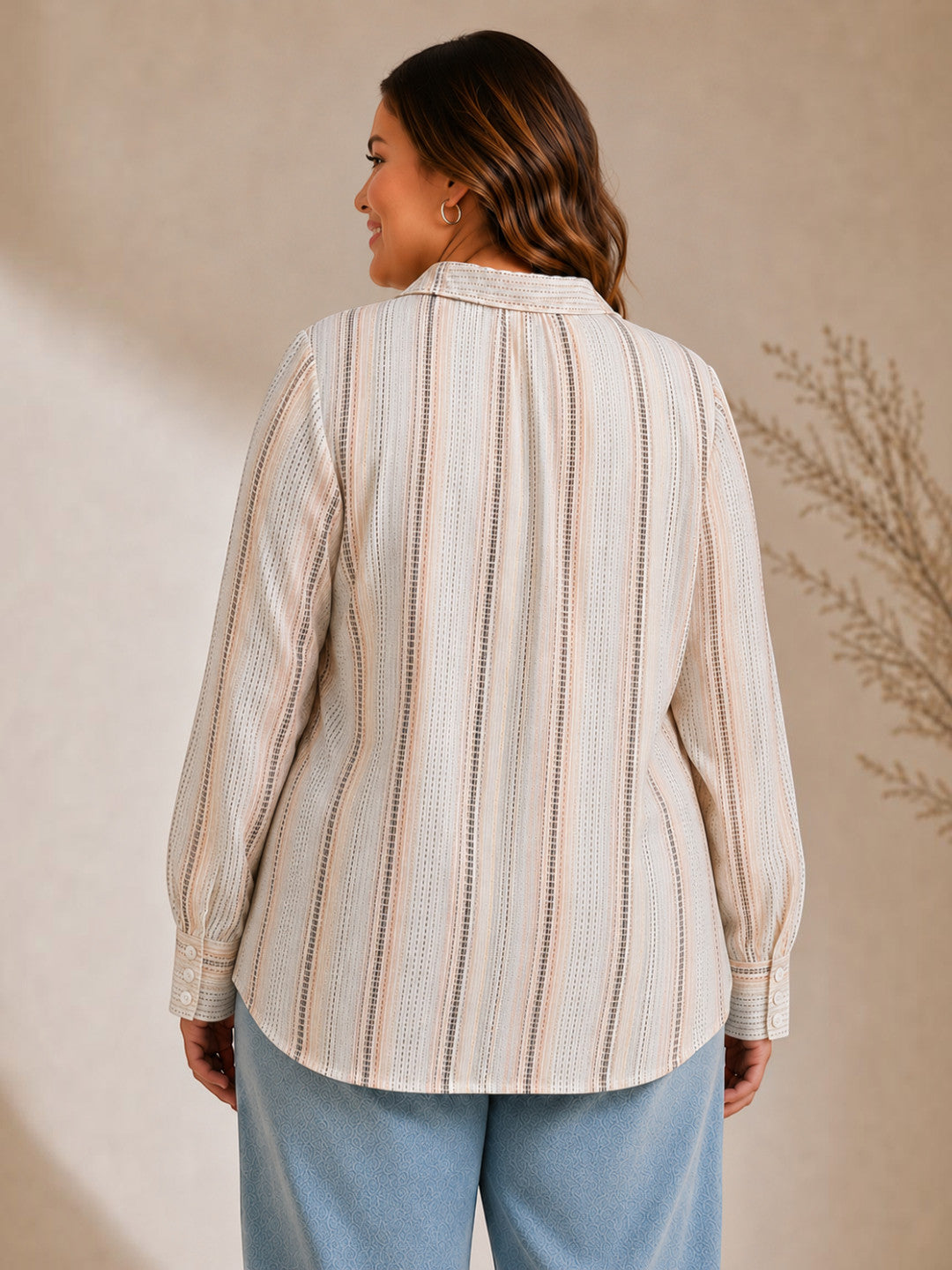 Women Plus Size White Stripe Print Collared Long Sleeve Button-Down Cotton Dobby Shirt