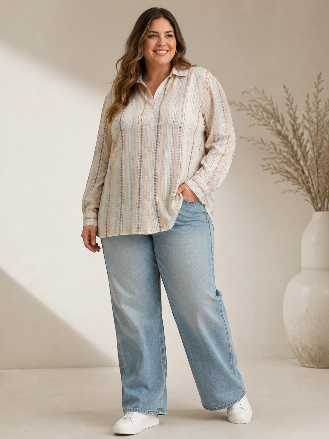 Women Plus Size White Stripe Print Collared Long Sleeve Button-Down Cotton Dobby Shirt