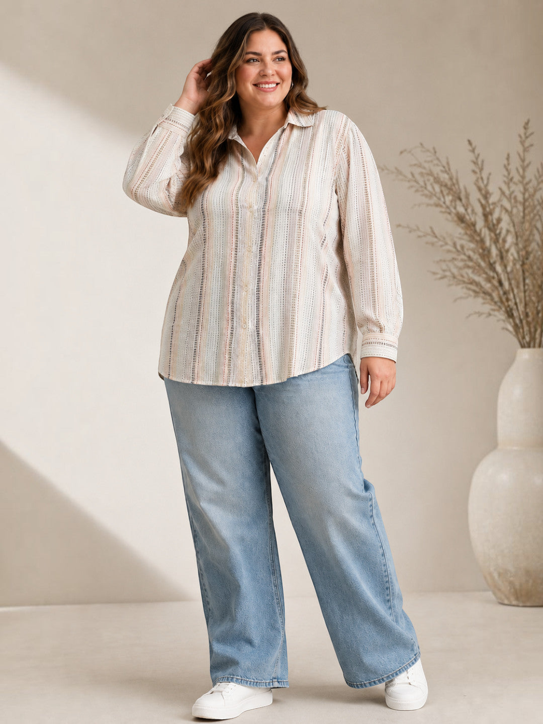 Women Plus Size White Stripe Print Collared Long Sleeve Button-Down Cotton Dobby Shirt