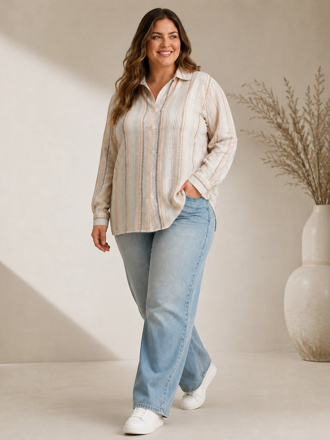Women Plus Size White Stripe Print Collared Long Sleeve Button-Down Cotton Dobby Shirt