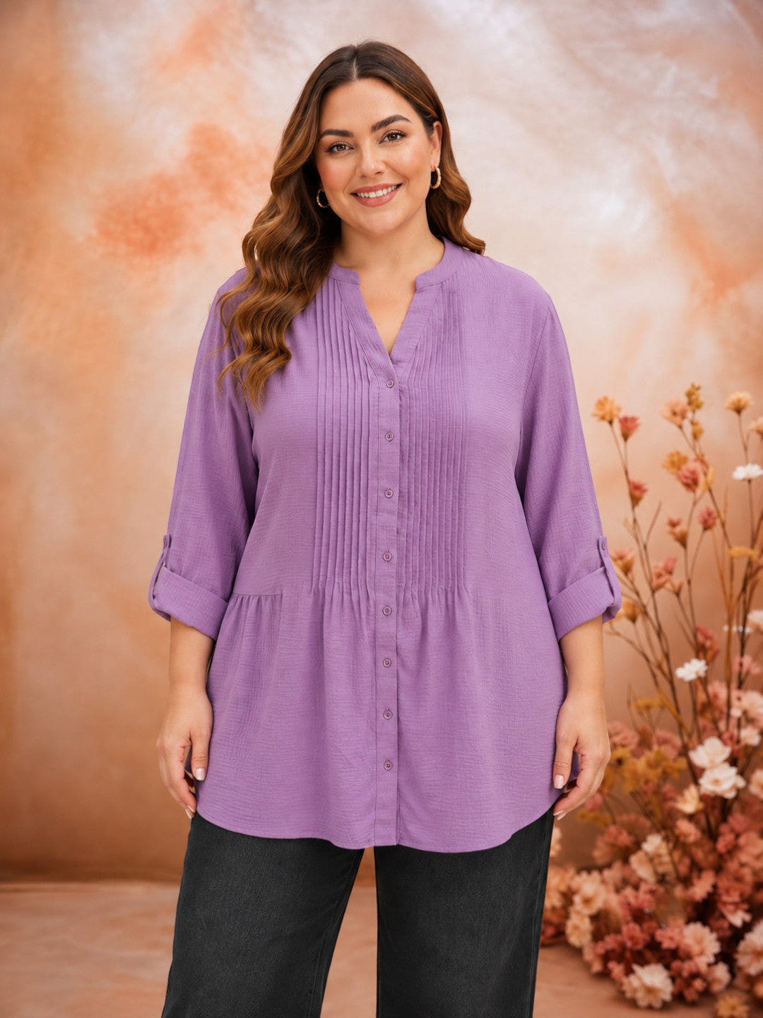 Women Plus Size Purple Solid V-Neck Long Sleeve Pleat Detail Button-Down Tunic
