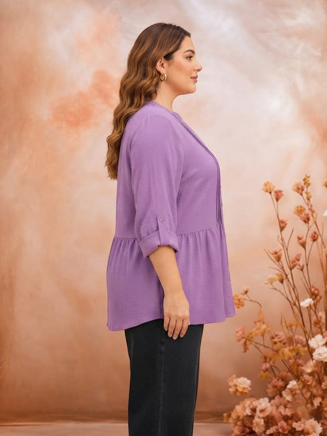 Women Plus Size Purple Solid V-Neck Long Sleeve Pleat Detail Button-Down Tunic