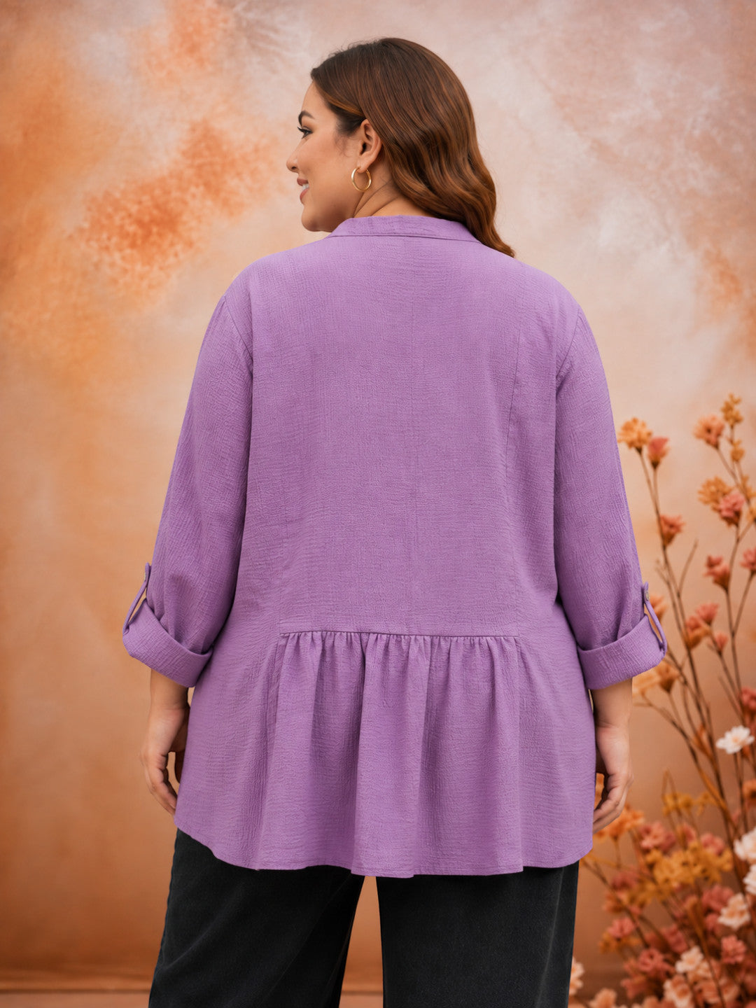 Women Plus Size Purple Solid V-Neck Long Sleeve Pleat Detail Button-Down Tunic