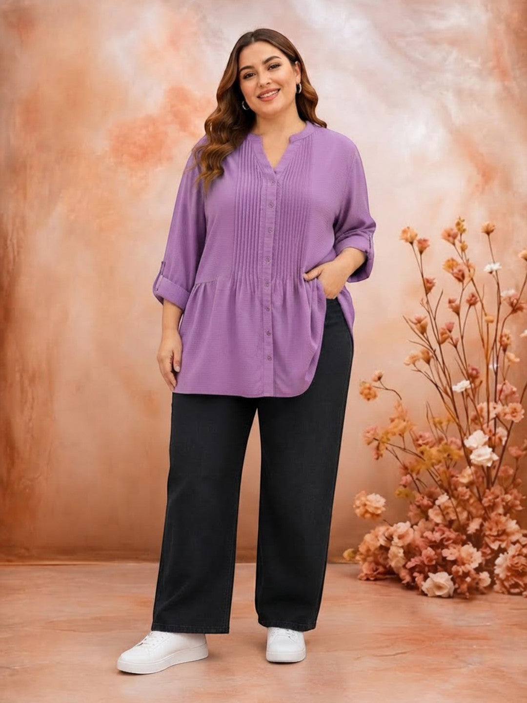 Women Plus Size Purple Solid V-Neck Long Sleeve Pleat Detail Button-Down Tunic