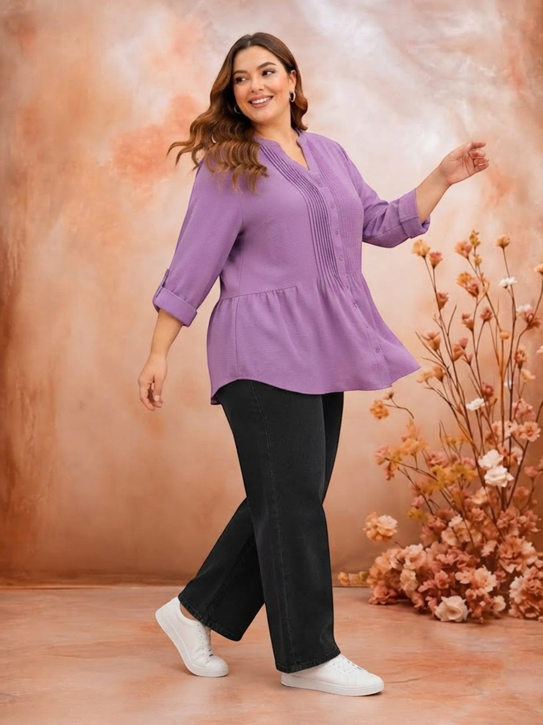 Women Plus Size Purple Solid V-Neck Long Sleeve Pleat Detail Button-Down Tunic