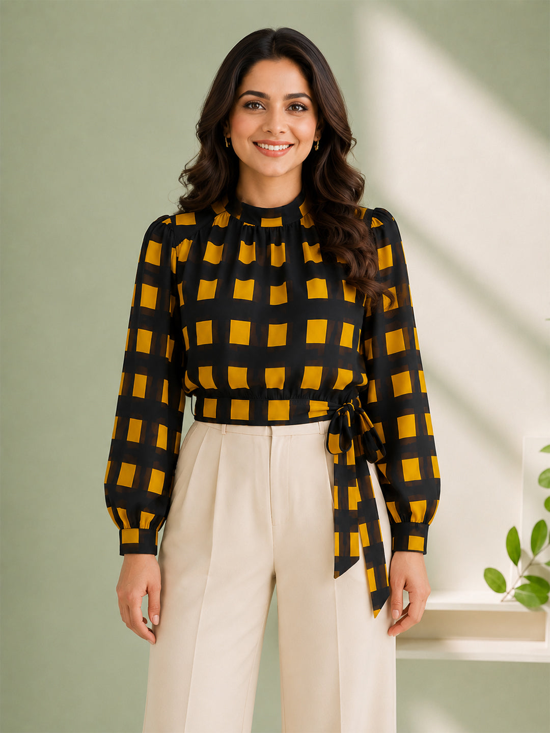 Blue Check Print Top