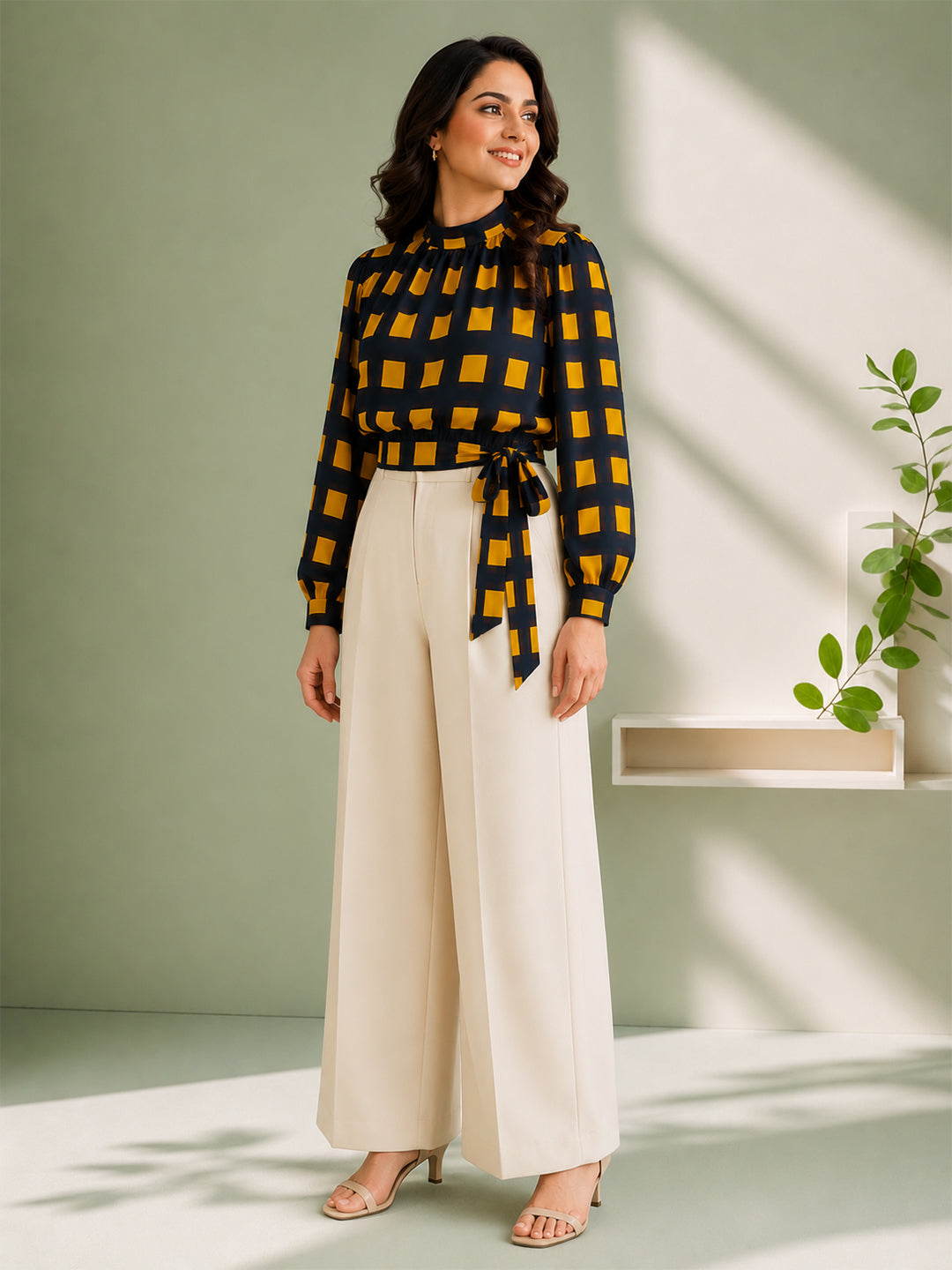 Blue Check Print Top