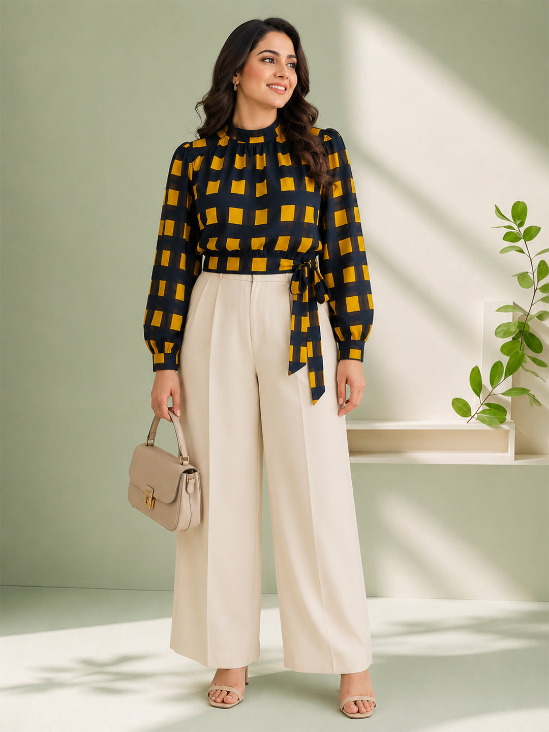 Blue Check Print Top