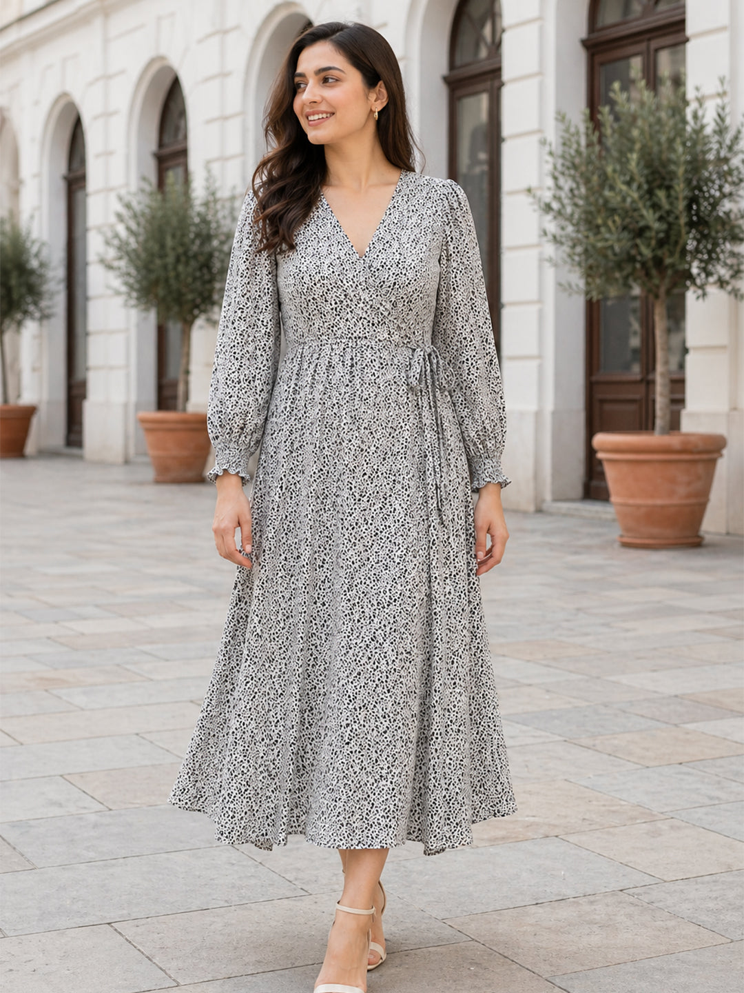 White Floral Wrap Midi Dress