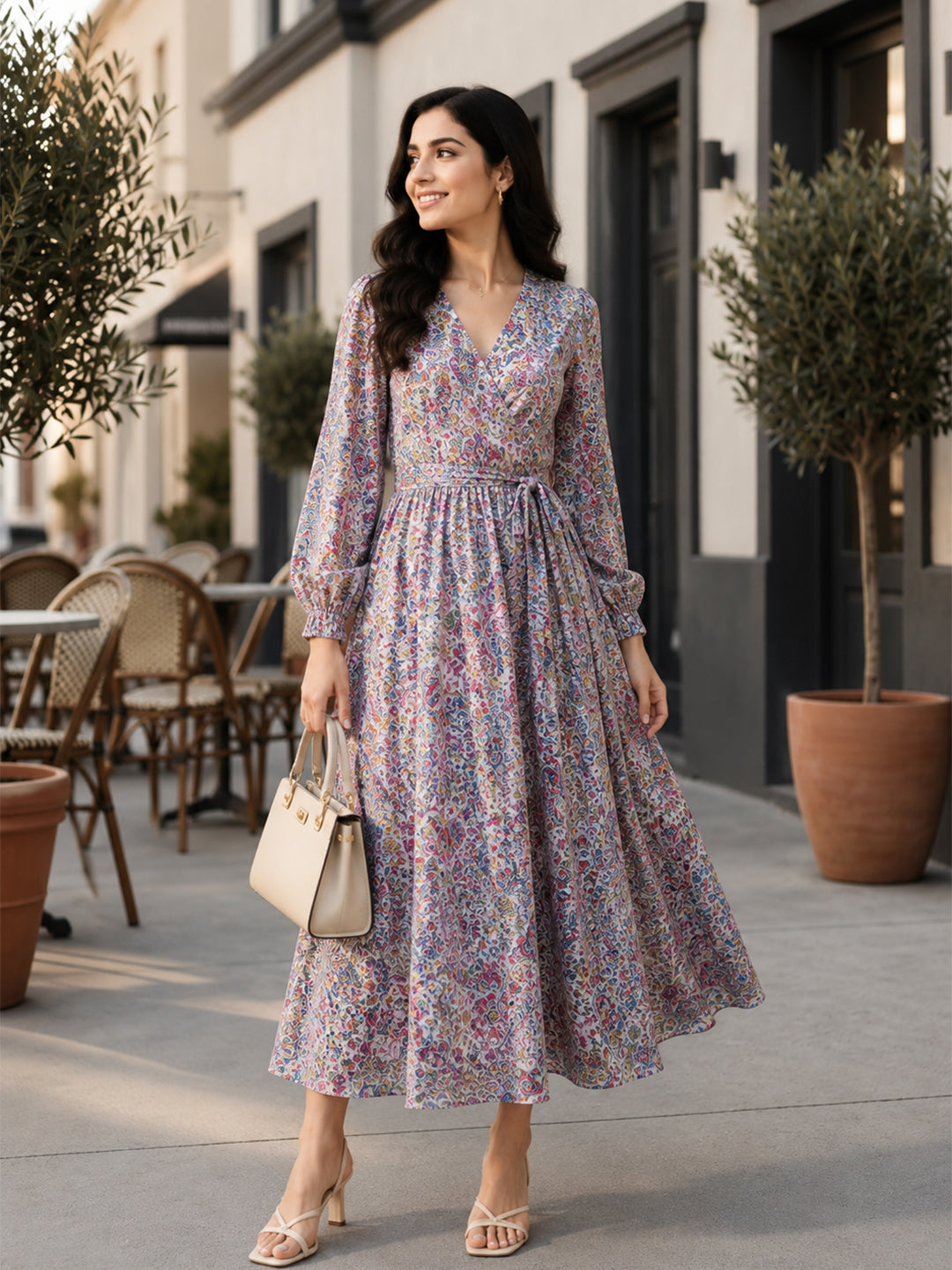 Multicolor Floral Wrap Midi Dress