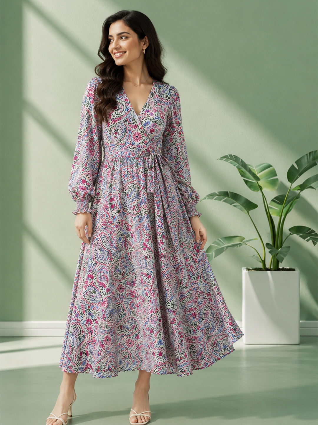 Multicolor Floral Wrap Midi Dress
