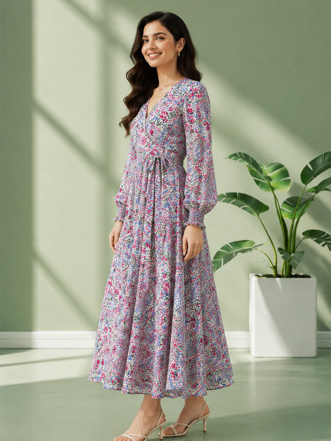 Multicolor Floral Wrap Midi Dress