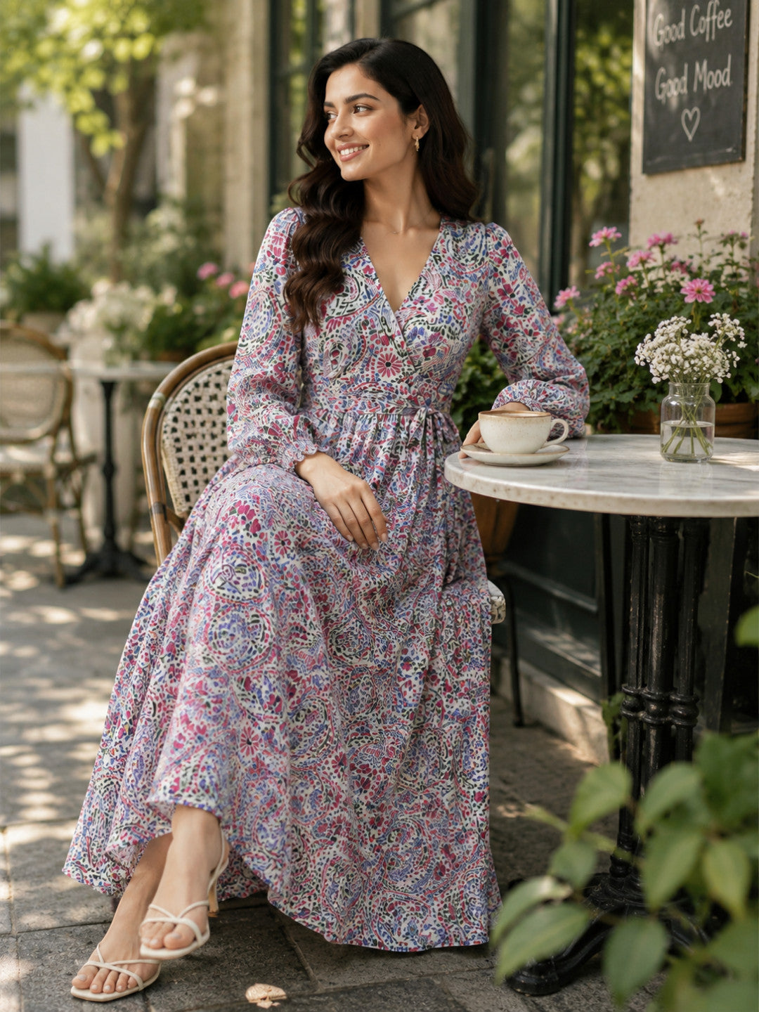 Multicolor Floral Wrap Midi Dress