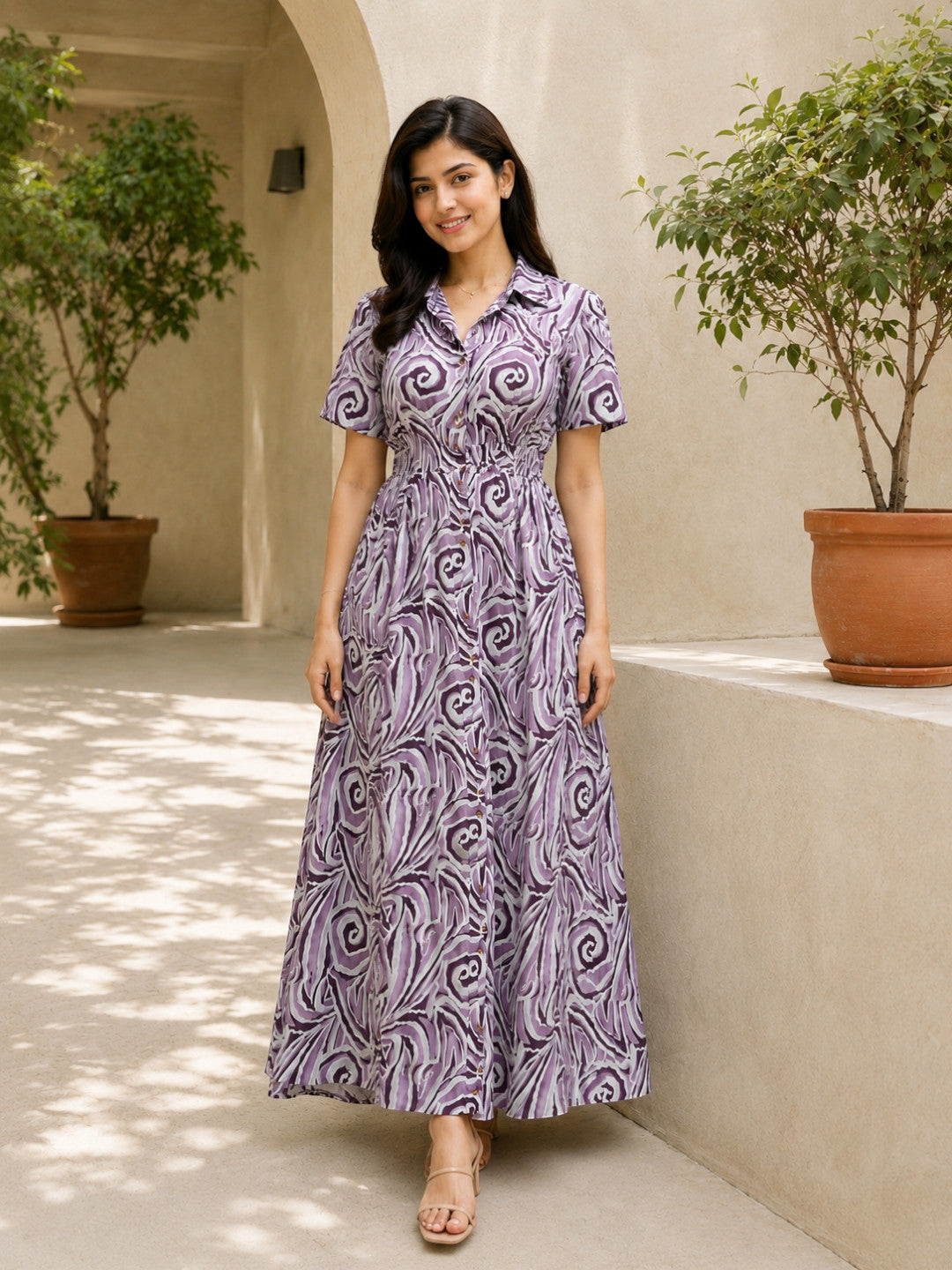 Grey Abstract Print Midi Dress