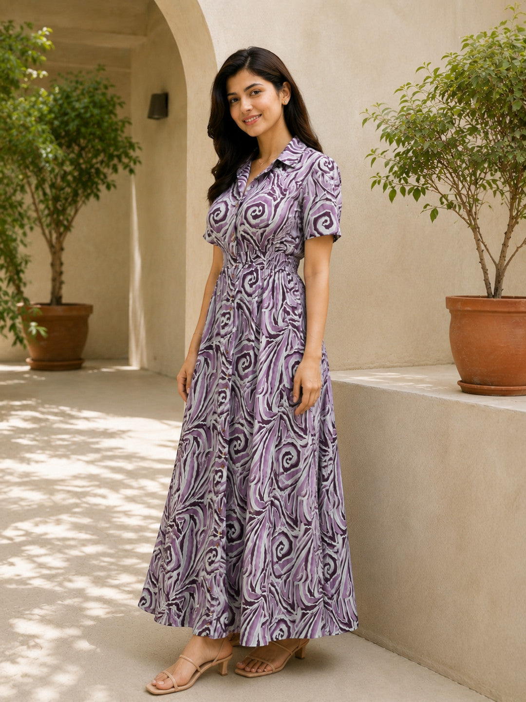 Grey Abstract Print Midi Dress