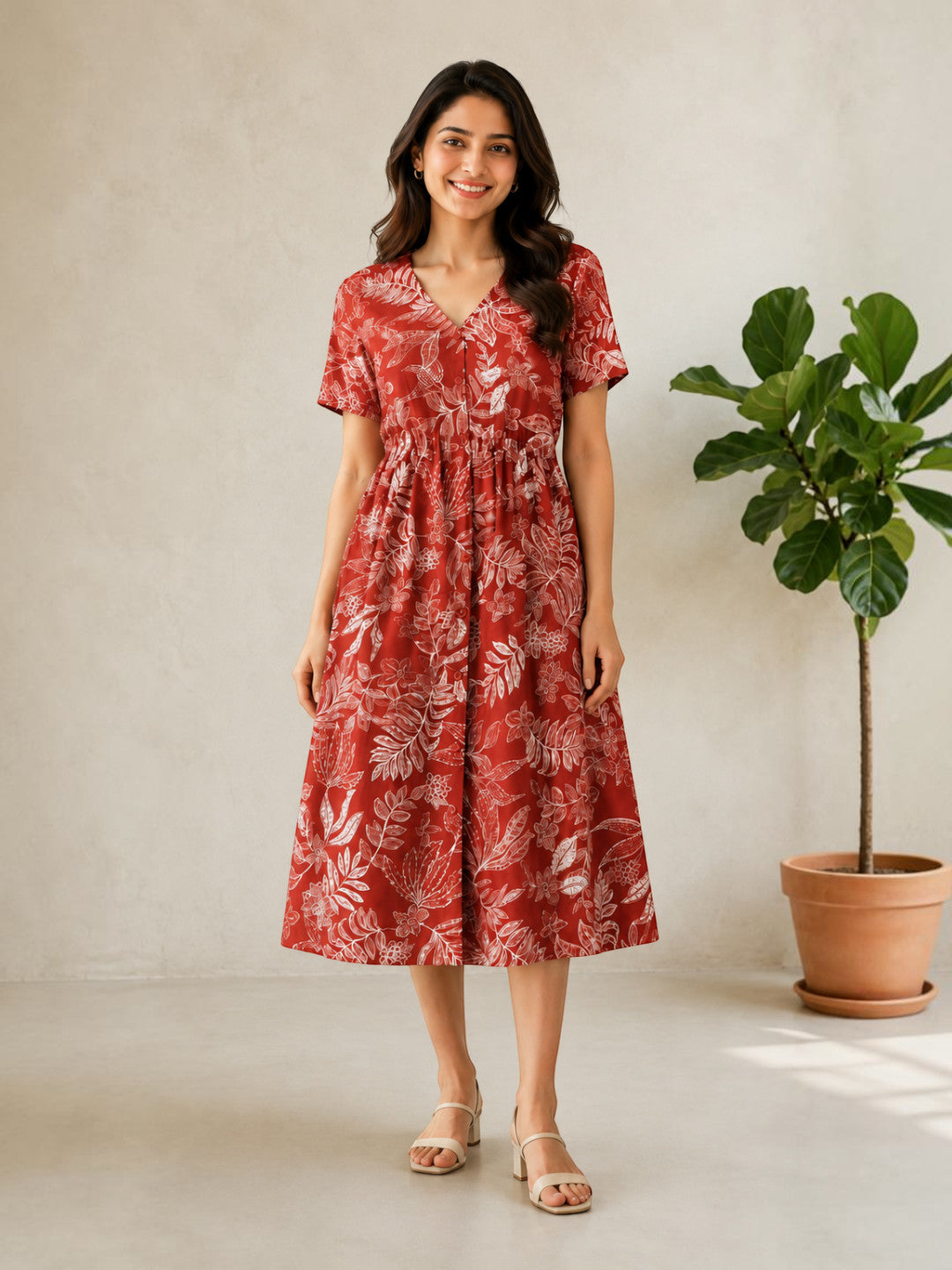 Rust Floral Print Cotton Linen Midi Dress