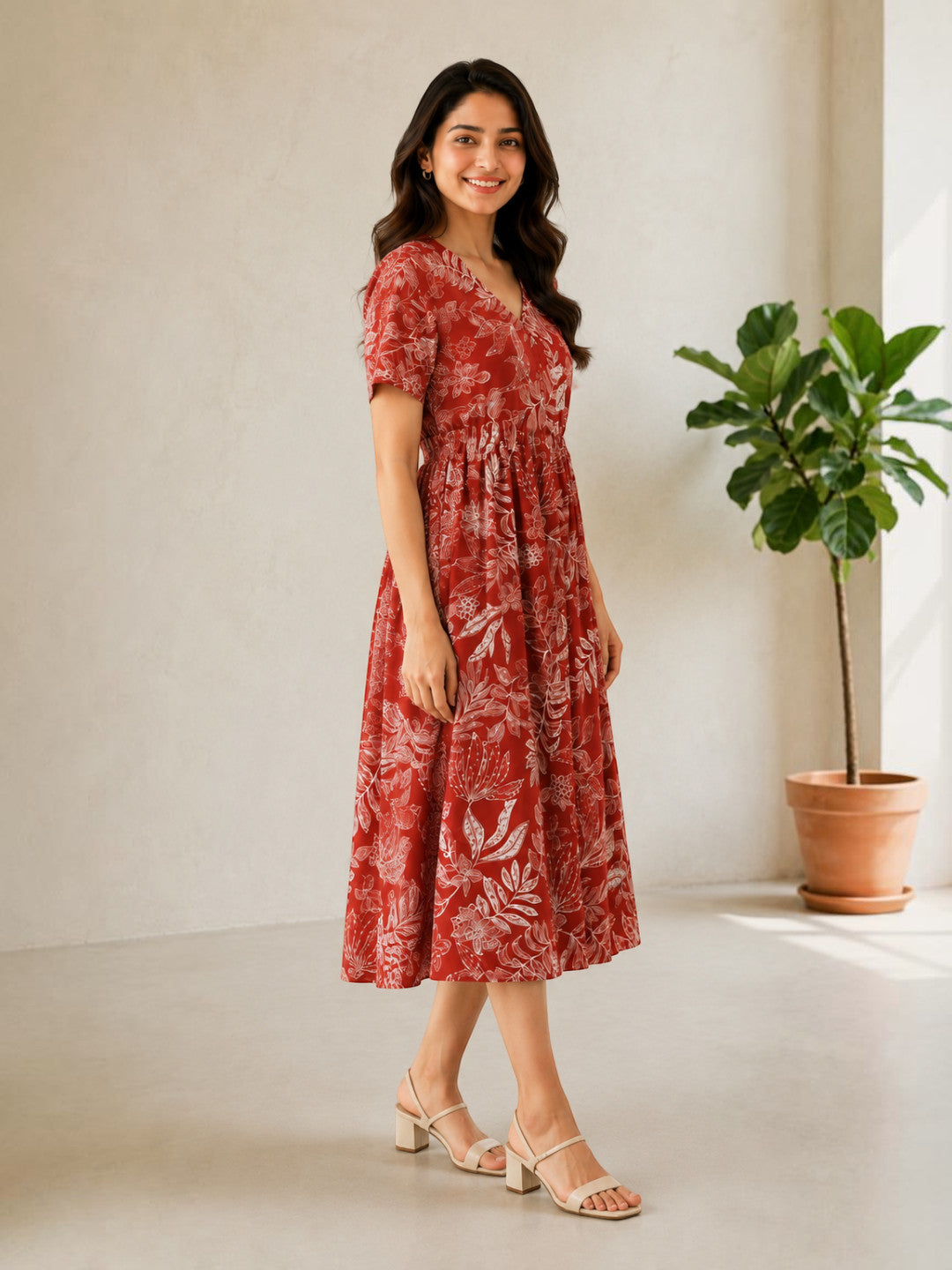 Rust Floral Print Cotton Linen Midi Dress