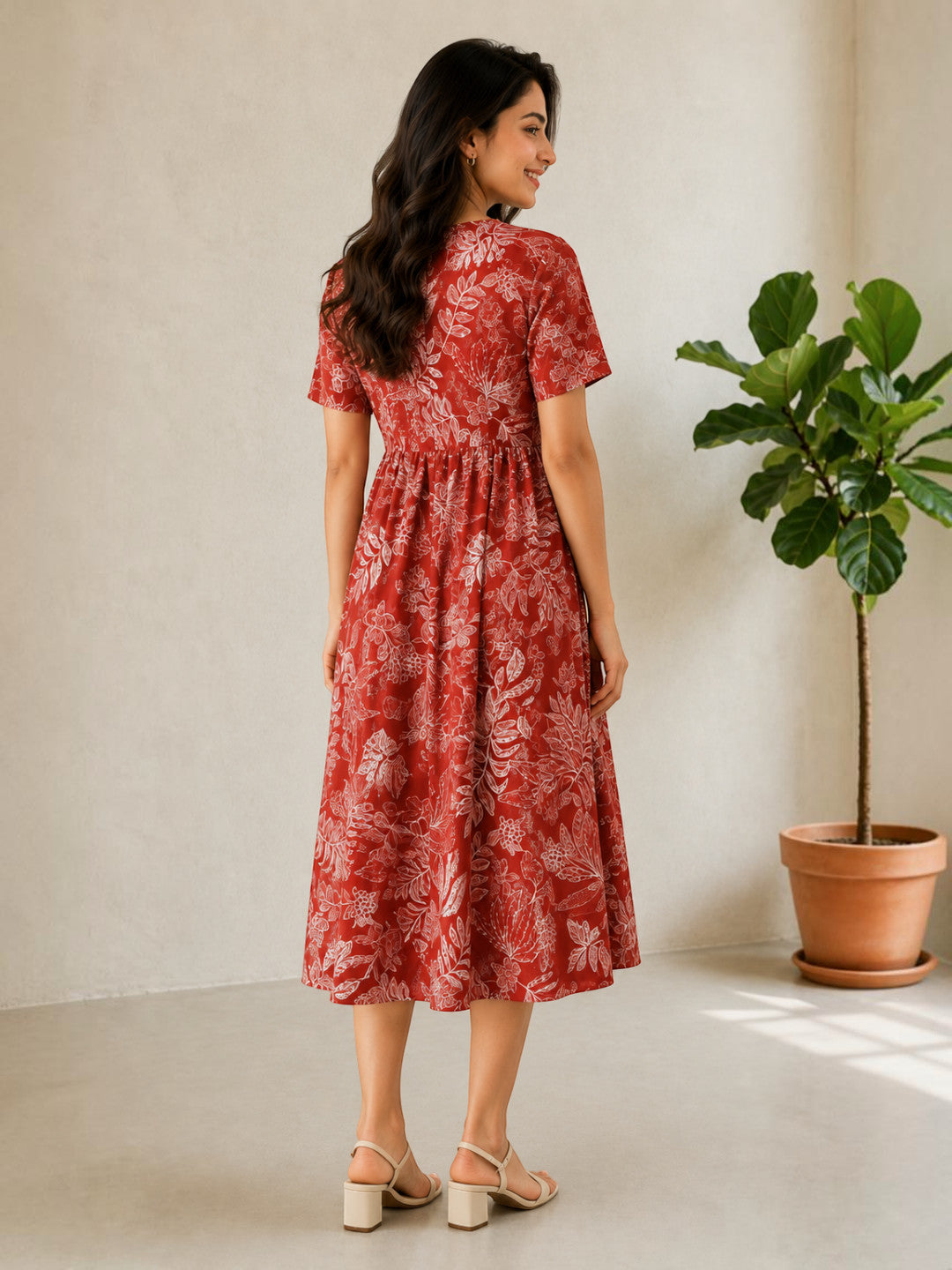 Rust Floral Print Cotton Linen Midi Dress