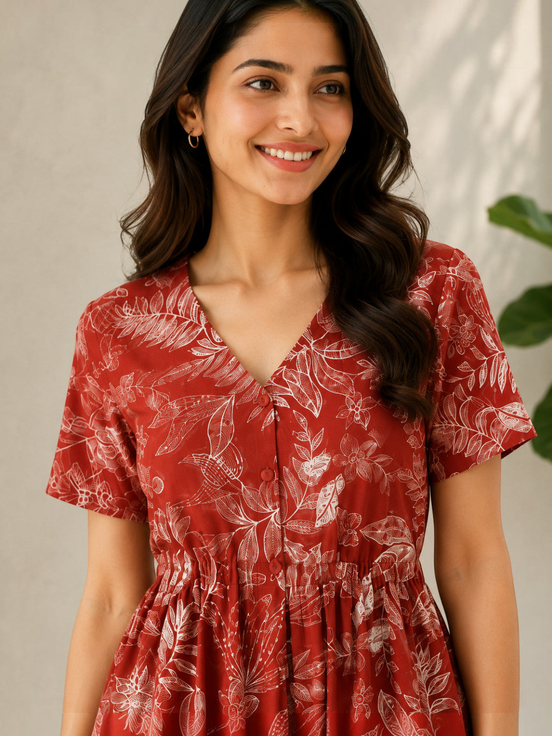Rust Floral Print Cotton Linen Midi Dress