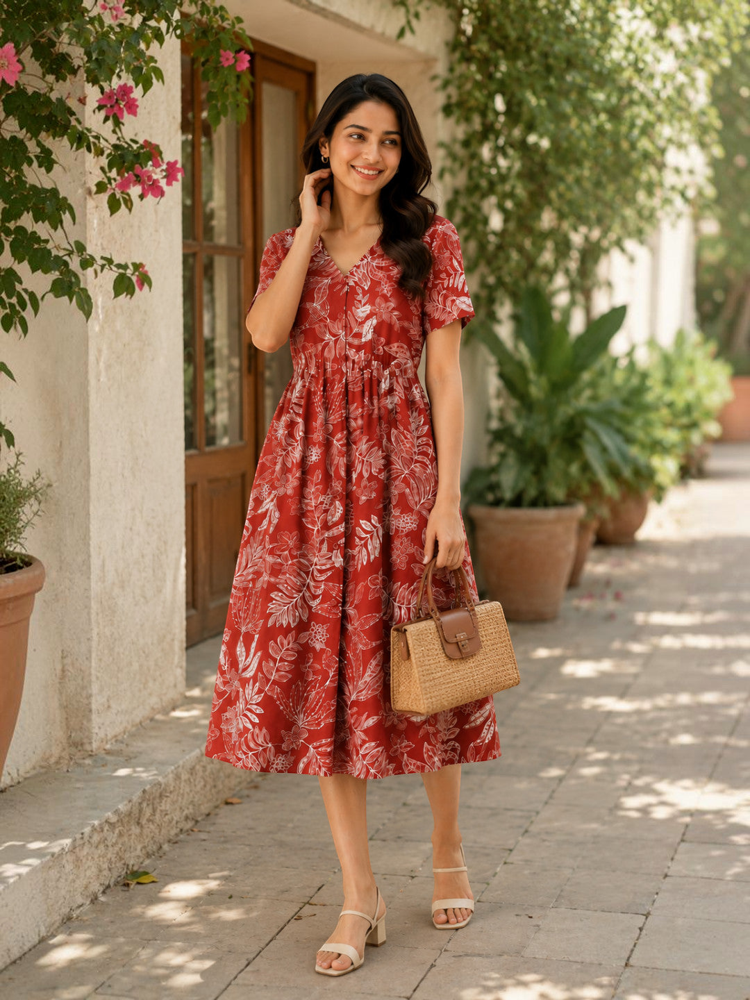 Rust Floral Print Cotton Linen Midi Dress