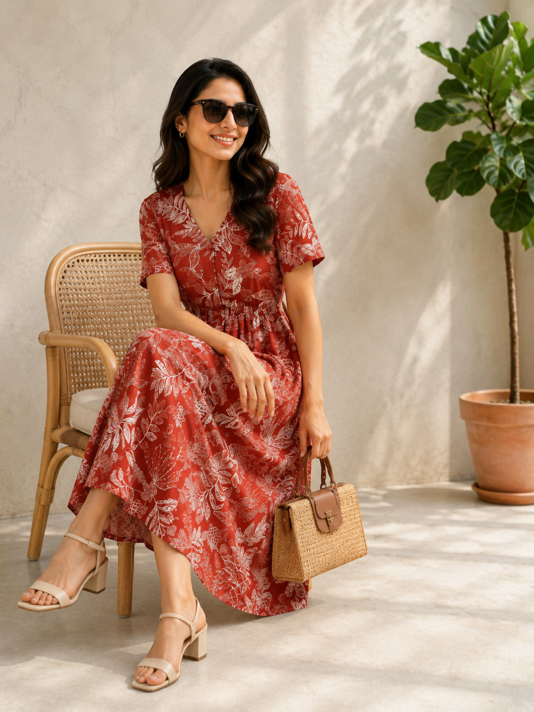 Rust Floral Print Cotton Linen Midi Dress