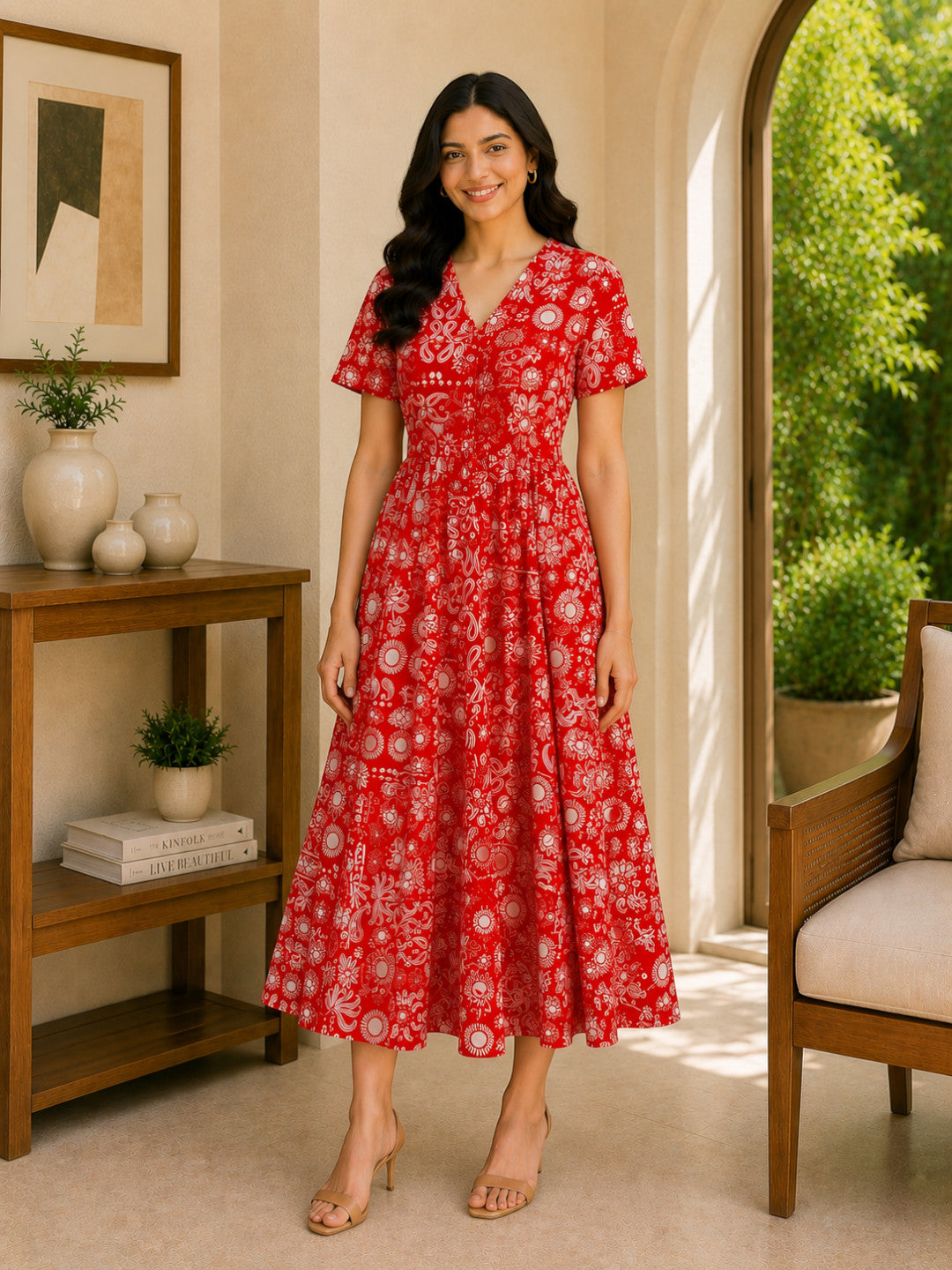 Red Floral Abstract Print Cotton Linen Midi Dress
