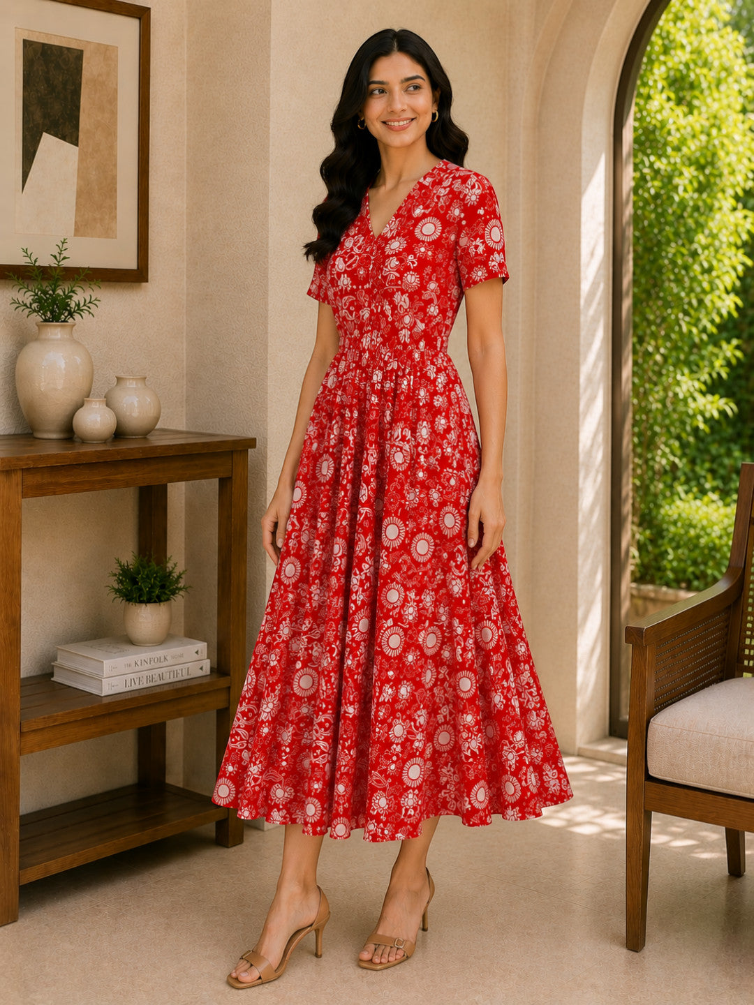 Red Floral Abstract Print Cotton Linen Midi Dress